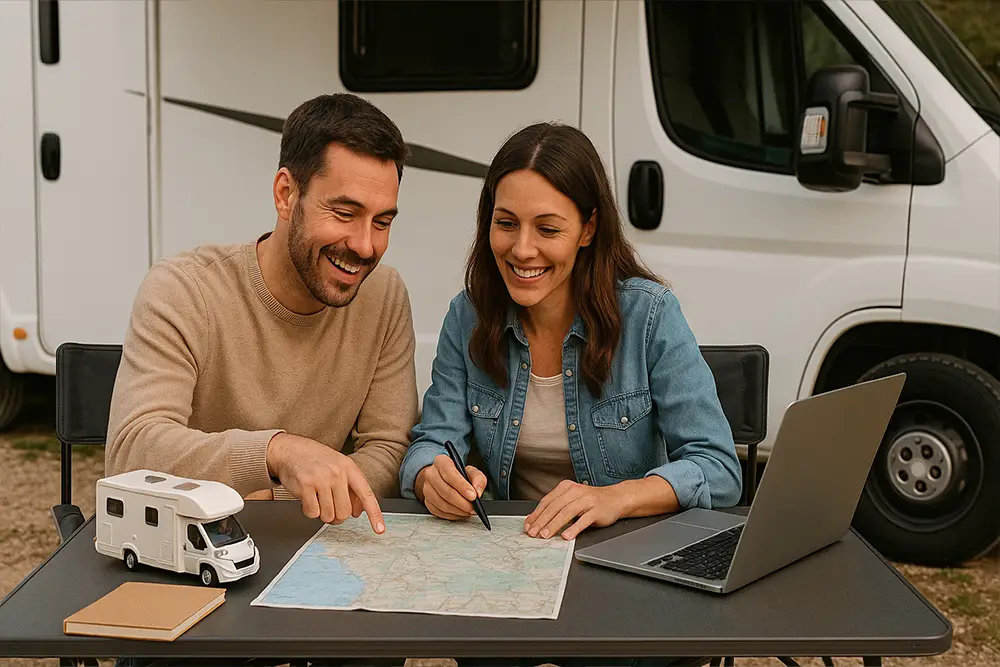 Happy couple planning an RV trip
