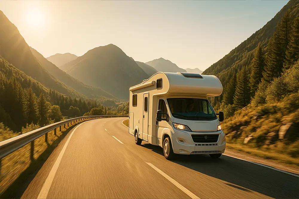 Motorhome on a mountain road, symbol of freedom