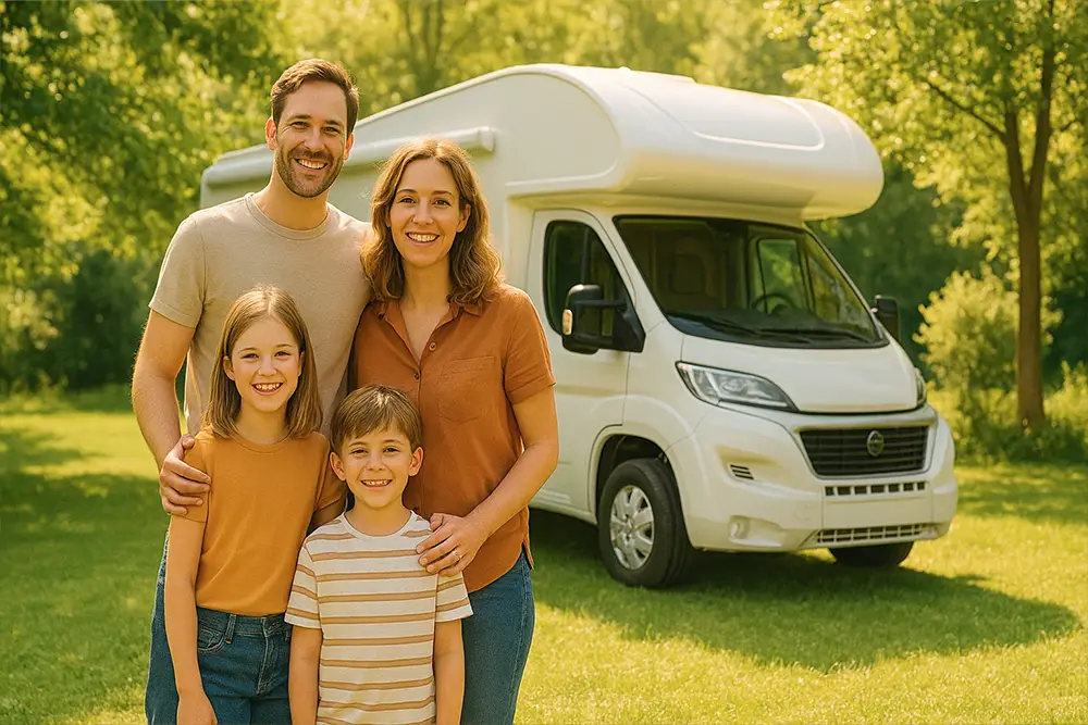 Smiling family in front of their new motorhome