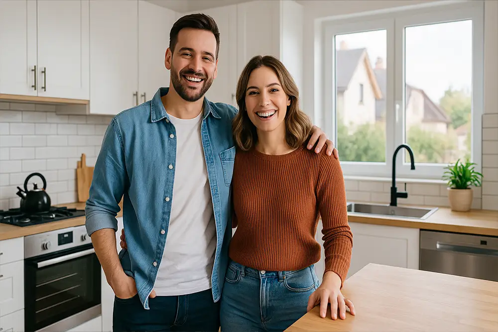 Happy couple in their new equipped kitchen thanks to an appliance loan