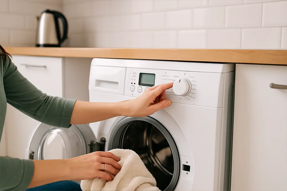 Person using a tablet to compare energy-efficient home appliances