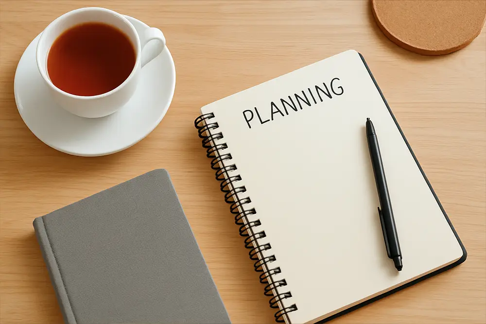 An orderly desk with a notebook and a cup of tea, symbolizing clear and serene financial planning