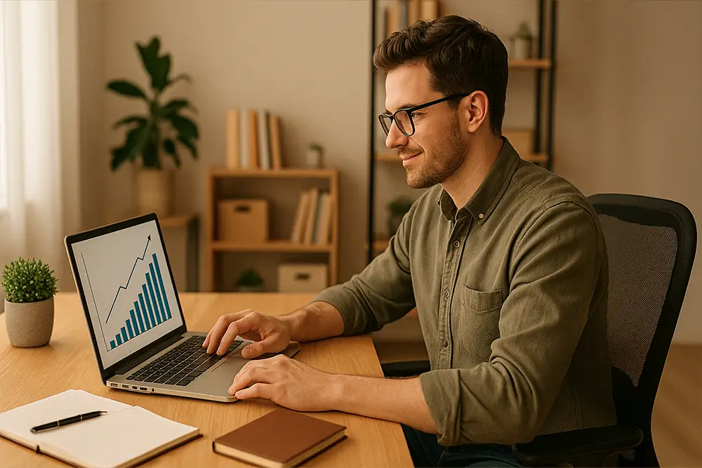 Self-employed person working on their computer, planning their business growth