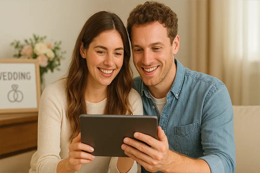 Happy couple planning their wedding budget