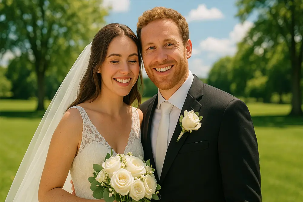 Wedding photo of a smiling couple