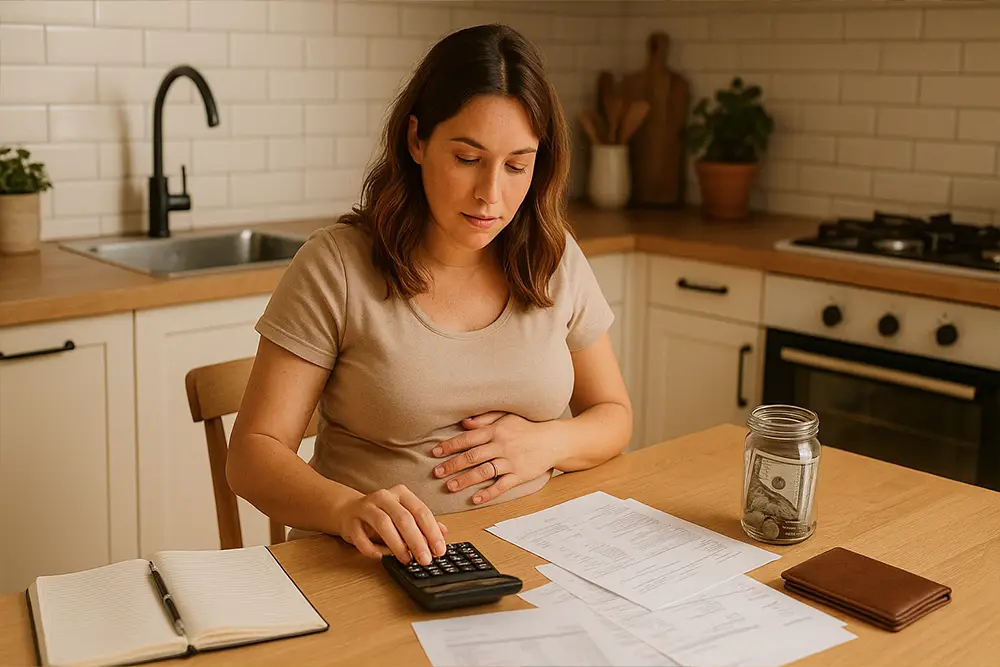 Pregnant woman serenely managing her budget for her child's arrival