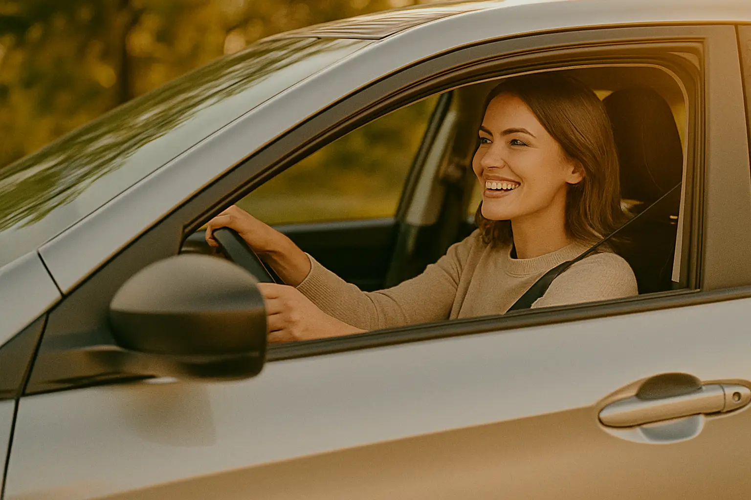 Satisfied client behind the wheel of their new car purchased on credit.