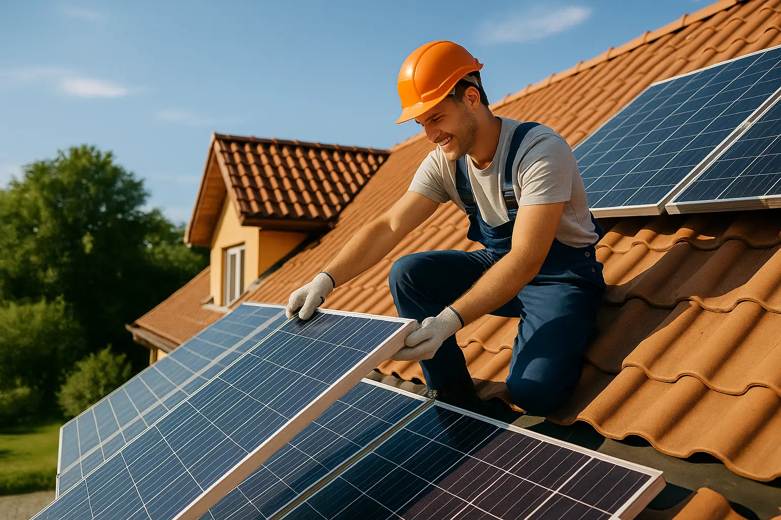Worker installing solar panels on the roof of a house thanks to a green renovation loan