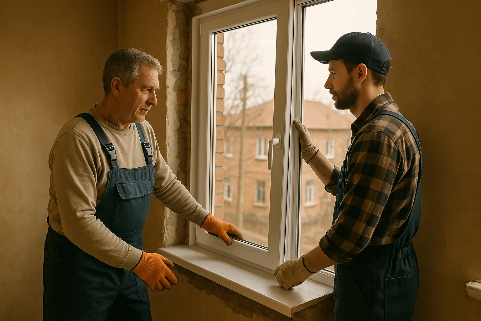 Worker placing a new window frame via an energy loan