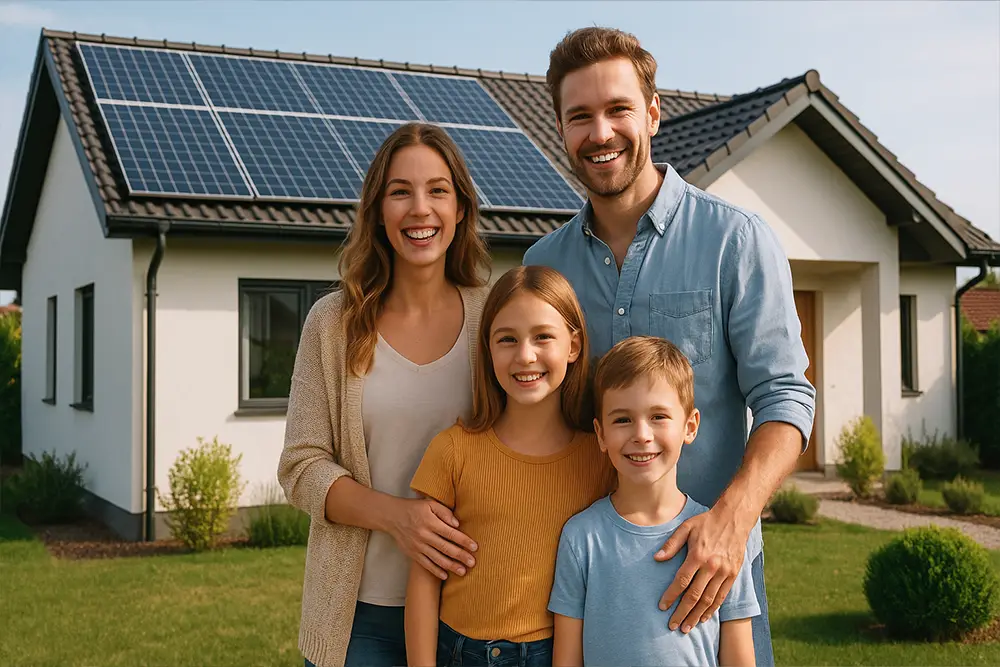 Happy family in front of their house equipped with solar panels