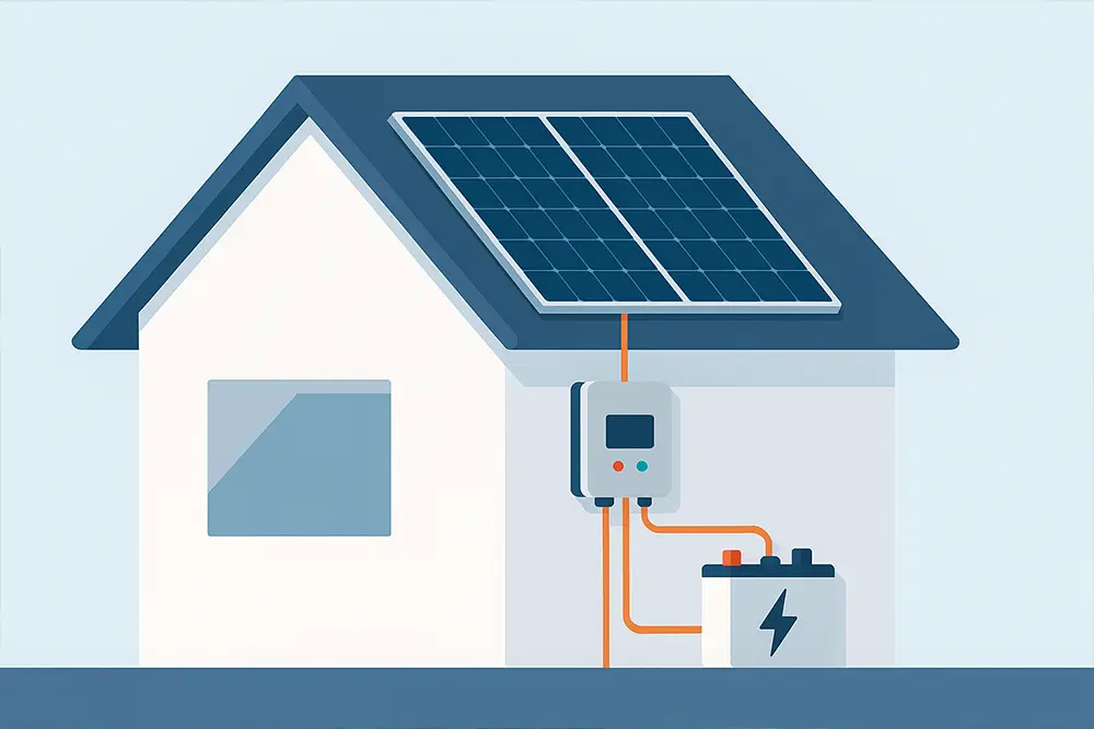 Details of a solar panel installation with an inverter and battery