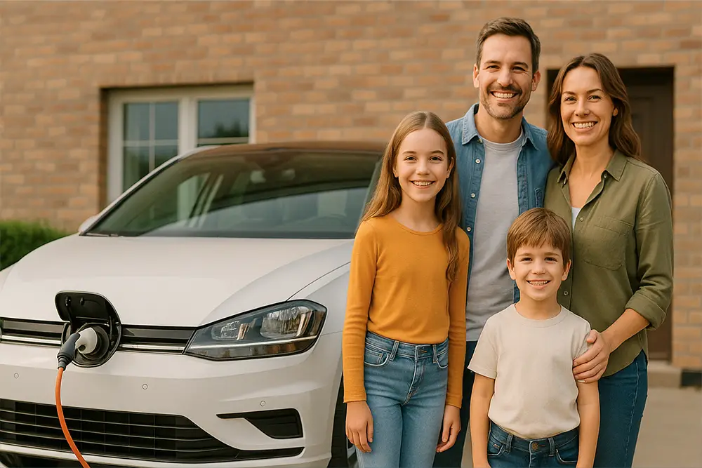Smiling family next to their plugged-in electric car, symbolizing a sustainable investment through a green loan