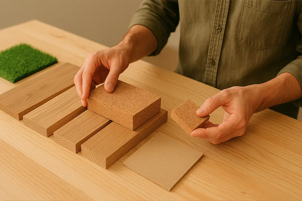 Person choosing eco-friendly building materials like wood and cork.