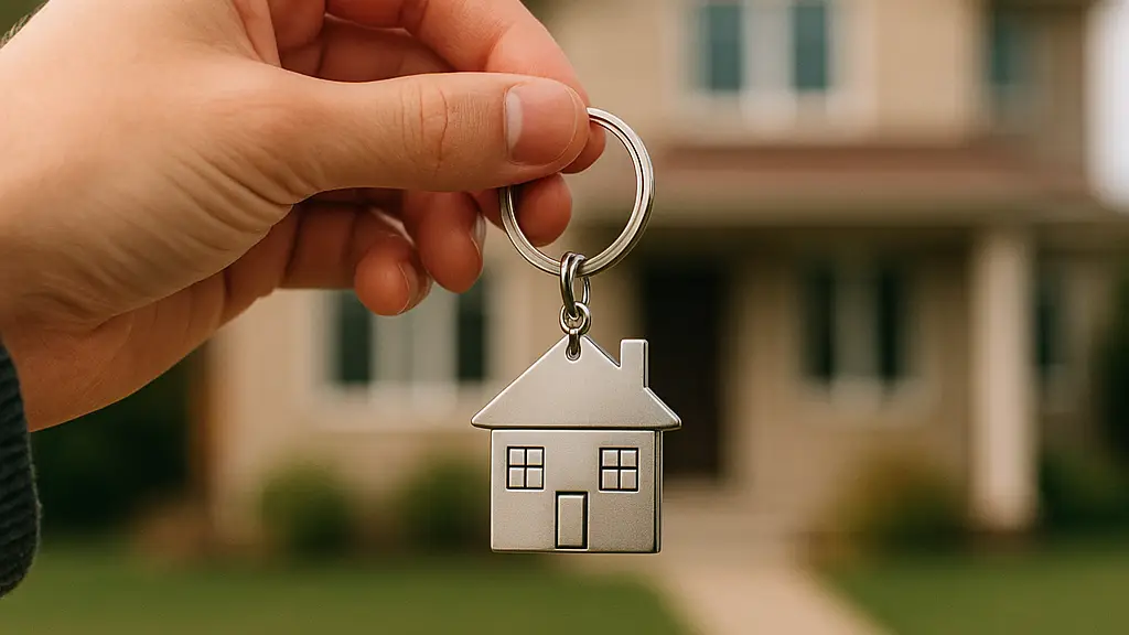 Smiling couple in front of their new house