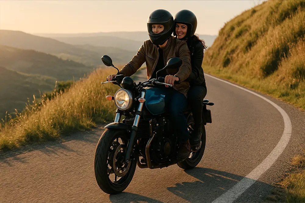 Happy couple next to their new custom motorcycle