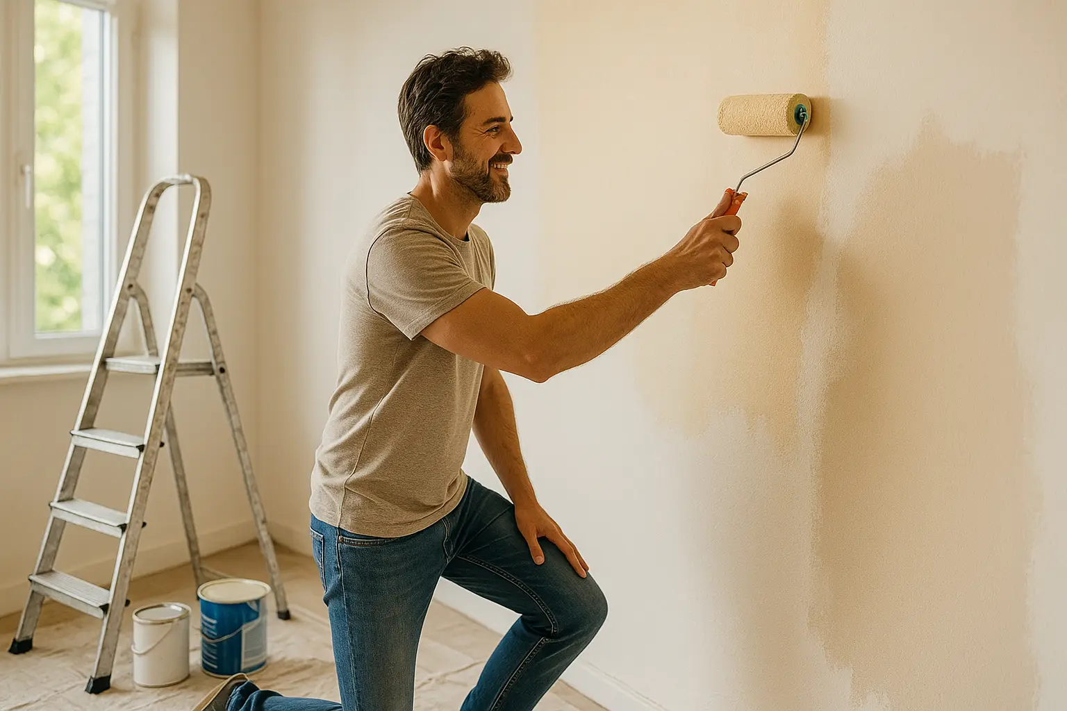 Man busy repainting the wall of his living room