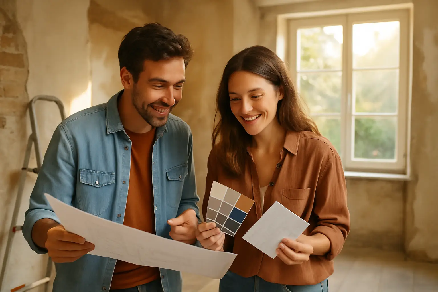 Smiling couple discussing a renovation project for an apartment