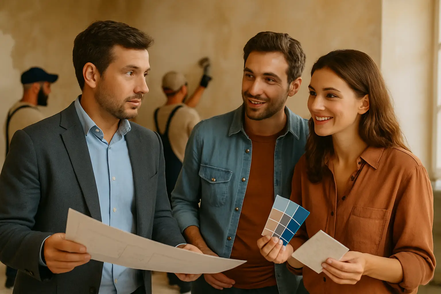 Architect and a smiling couple choosing the colors for their future apartment thanks to their renovation loan