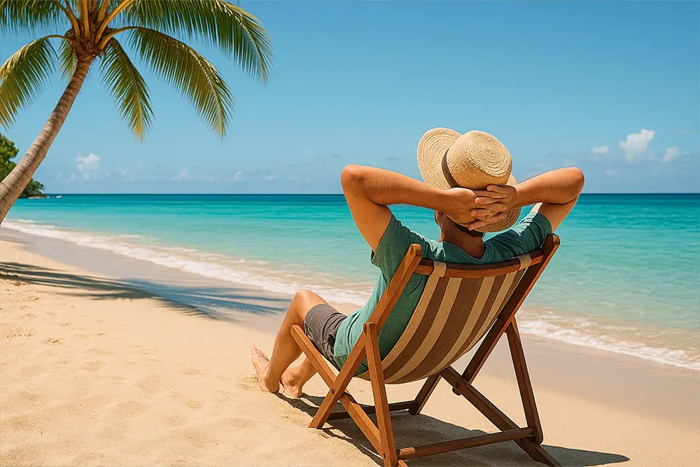 Person relaxing on an exotic beach, symbolizing a stress-free trip